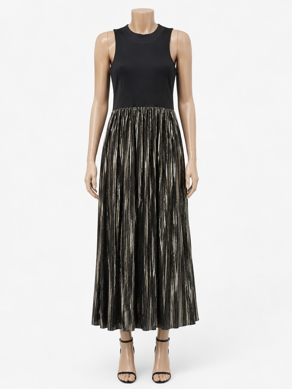 Sleeveless Black Top with Metallic Pleated Gold-Trim Skirt